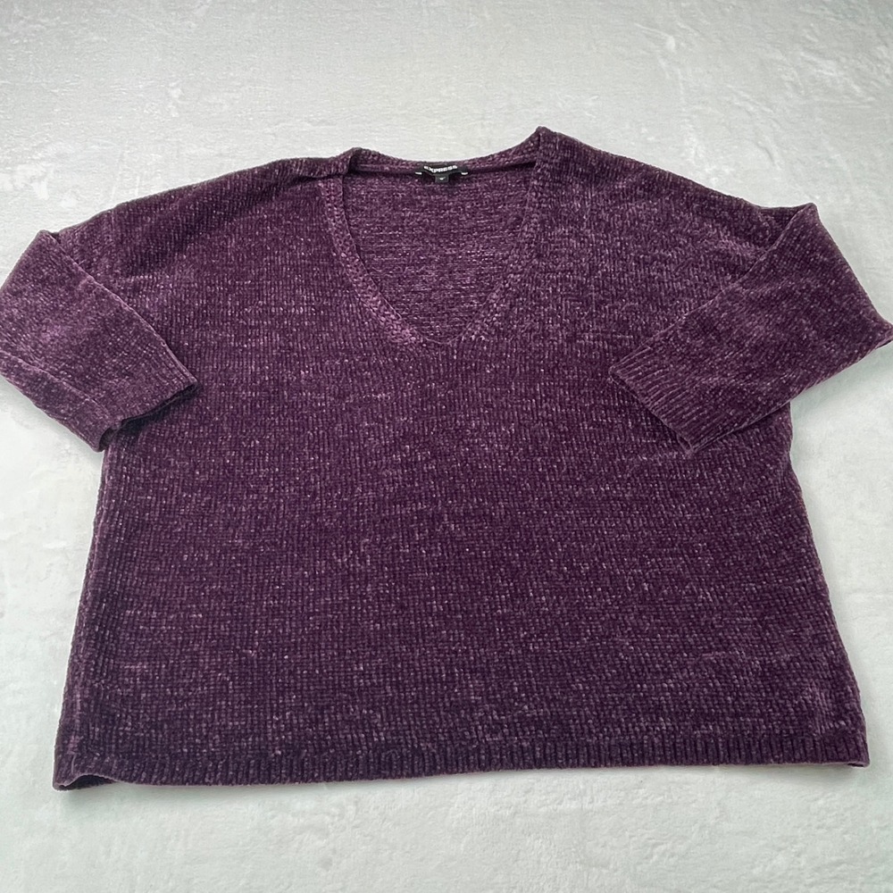Express Purple Chenille V-Neck Relaxed Fit Pullover Sweater Medium